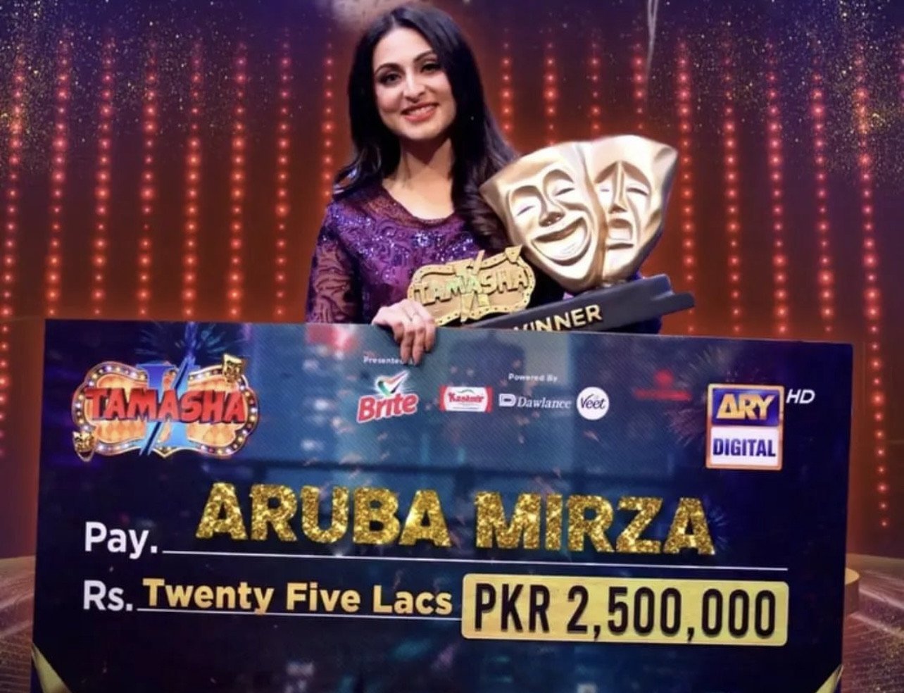 "Voters announce Aruba Mirza as the champion of 'Tamasha Season 2'."